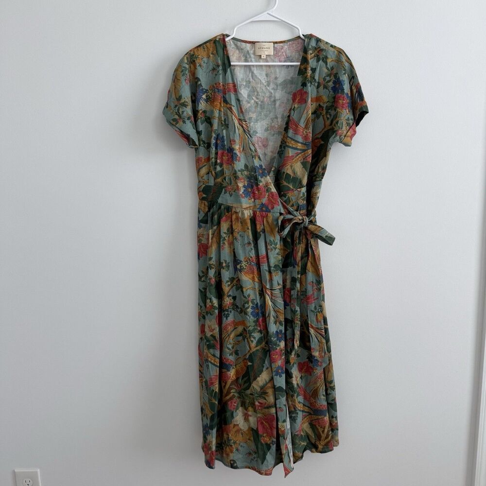 Sezane Tropical Floral Midi Wrap Dress Linen Hawaiian Birds Sz 40 (US 8) Classic - Picture 2 of 12
